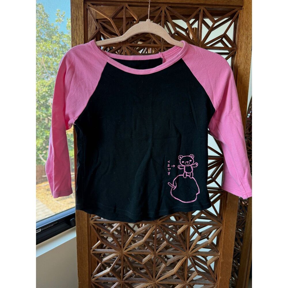 RARE Y2K Heart E Japanese Kawaii Bear 3/4 Sleeve Top, Black & Pink, Lolita S/M